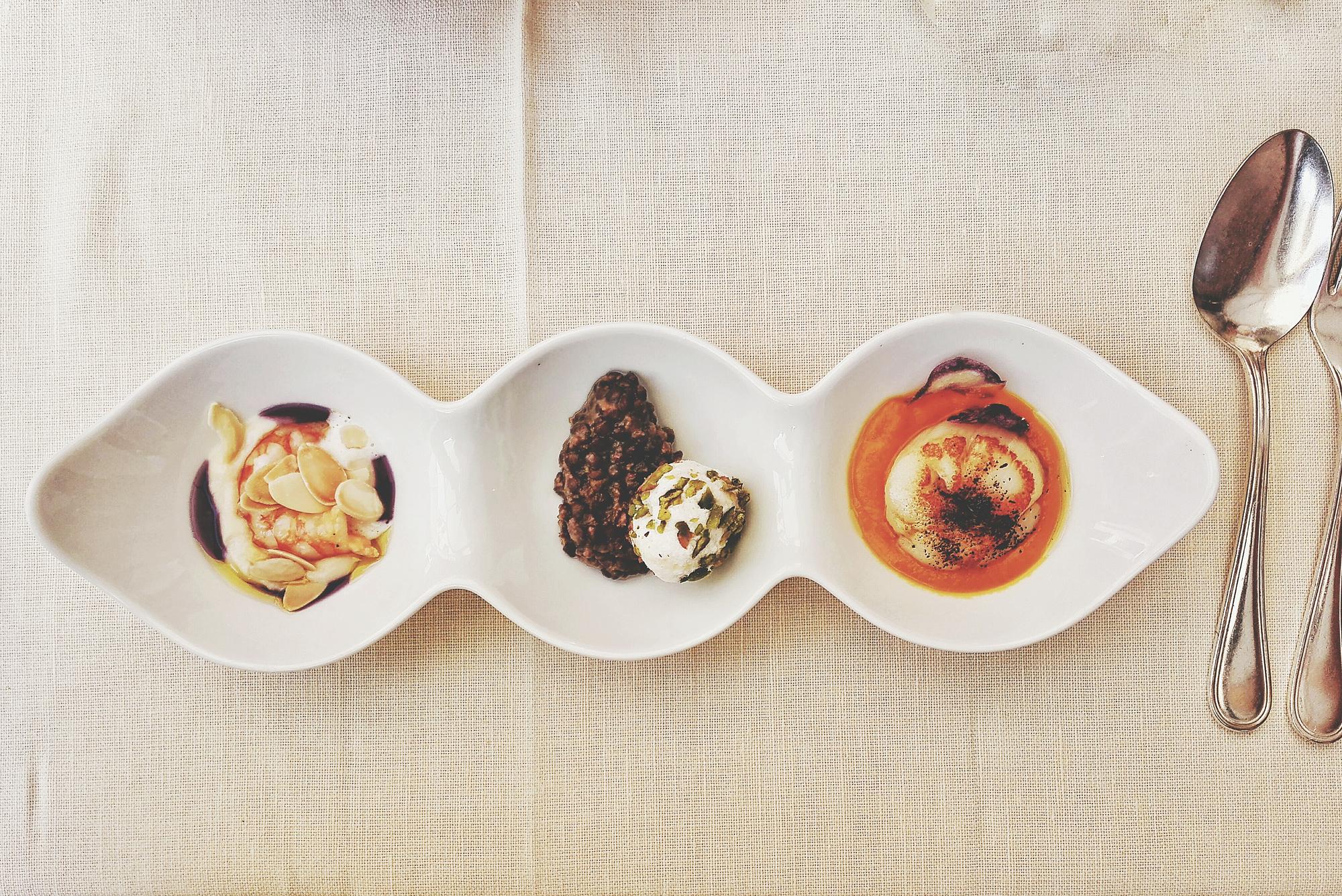 portfolio of plated seasonal dishes on a long table
